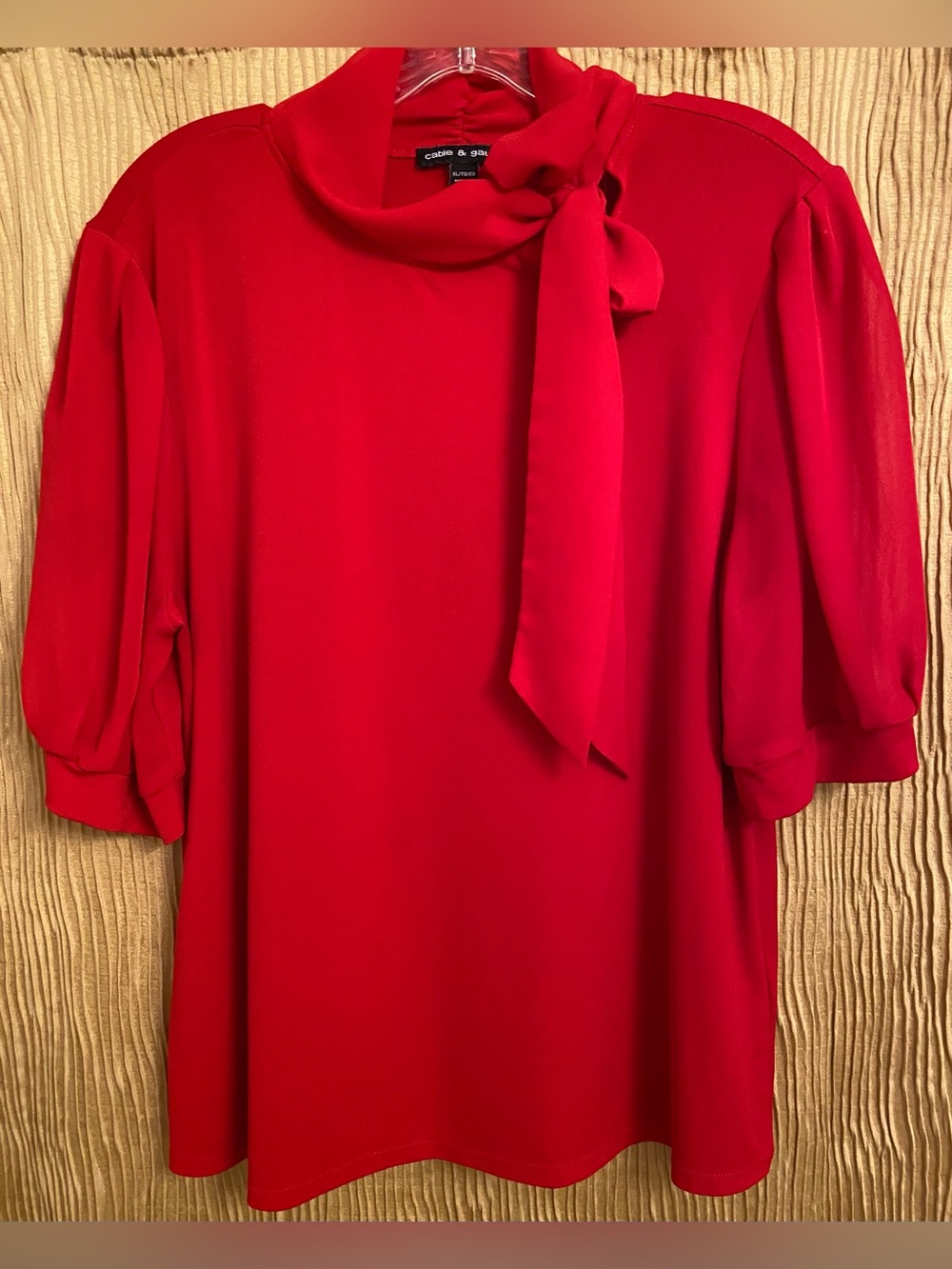 Cable & Gauge Red Tie-Neck Puff Sleeve Blouse